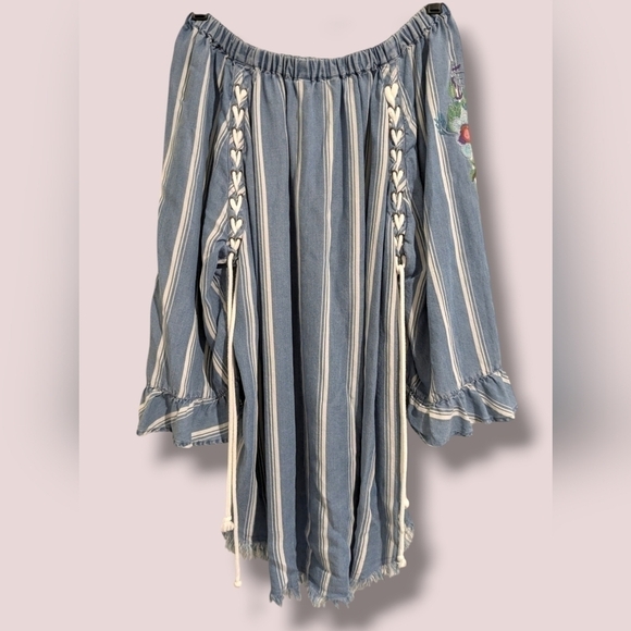 Ali Miles Blue Stripe Floral Embroidered Tie Detail 100% Tencel Tunic Bohemian - Picture 2 of 10